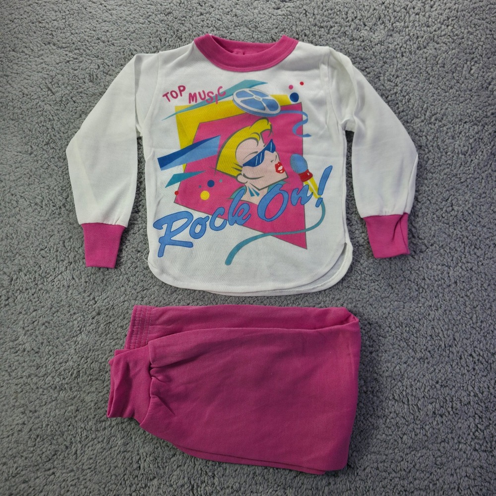 Vintage Health-tex Kids Rock On Pajama Set Pink White Size 4 NWT 80s Sleepwear